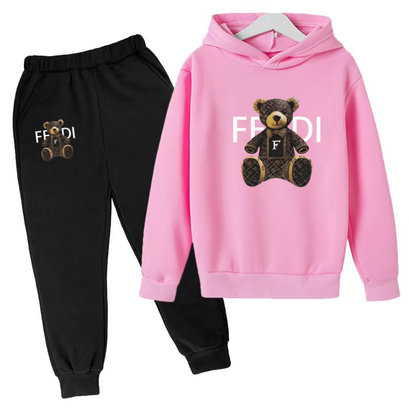 Running Gear For Kids - キッズプルオーバー秋服パーカー文字クマコート男の子女の子3-12歳ピンクスウェットシャツ+パンツ2点セットレジャースポーツセット
