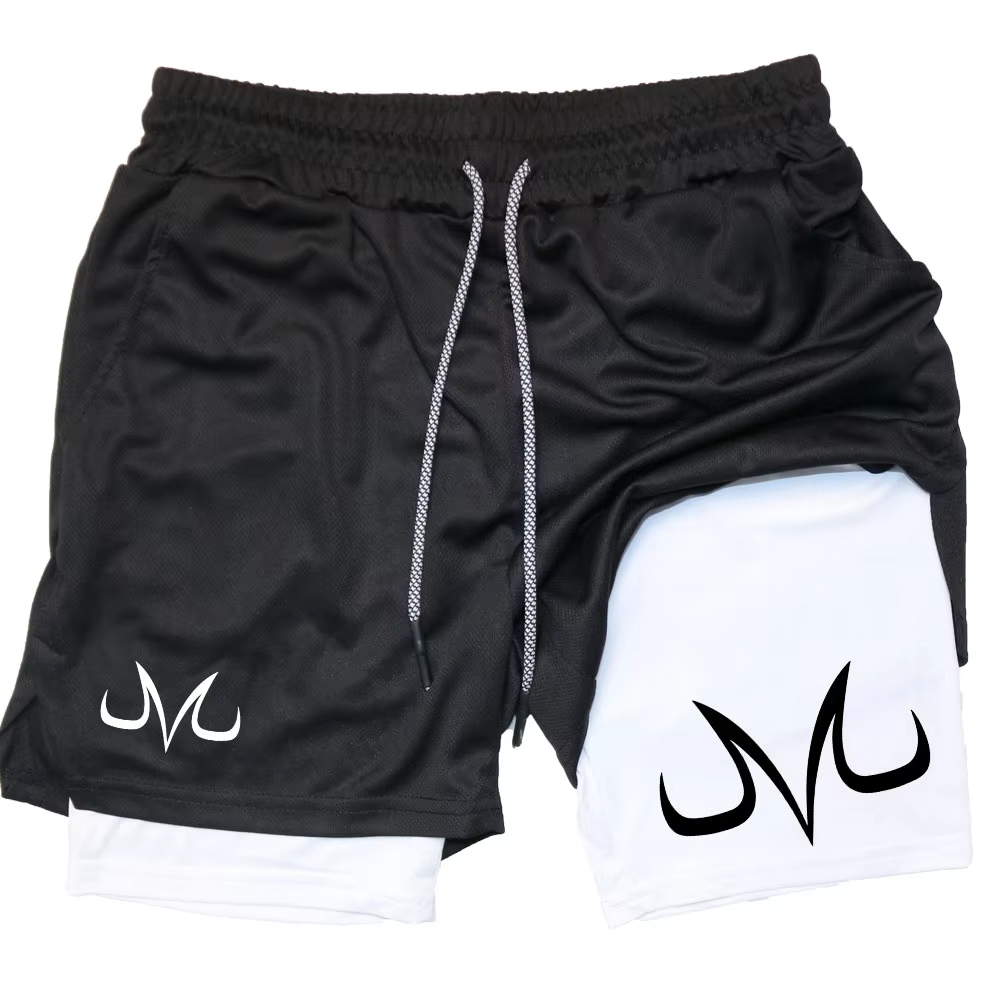 Running Gear Satisfy - アニメ柄プリント入りメンズジムカジュアルスポーツショーツワークアウトランニングメッシュ2in1スポーツショートパンツフィットネスギア